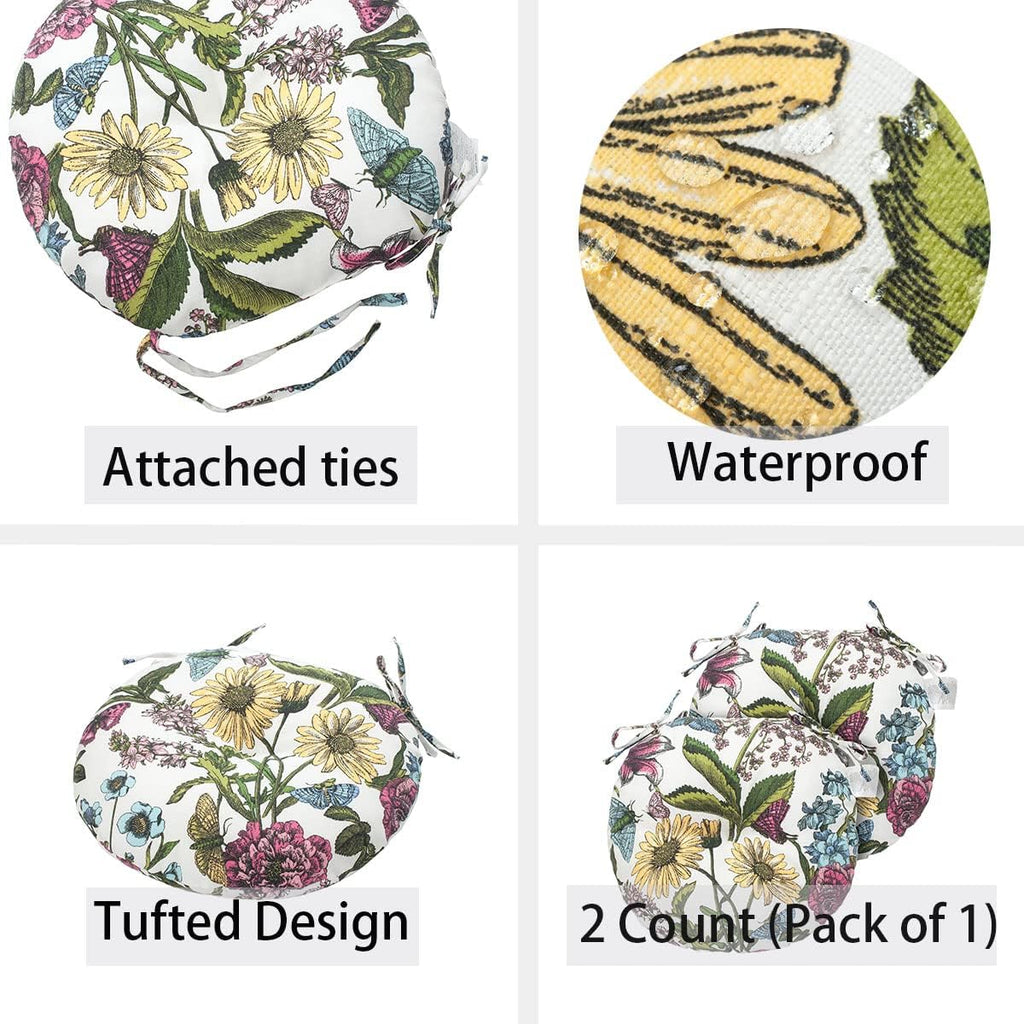 Bistro Chair Cushions 15 inch,Set of 2,Tufted Round Chair Cushions with Ties,15"x15"x4",Water Resistant Round Seat Cushion for Barstool Chairs,Patio Garden Kitchen Outdoor Furniture(Butterfly Flower)