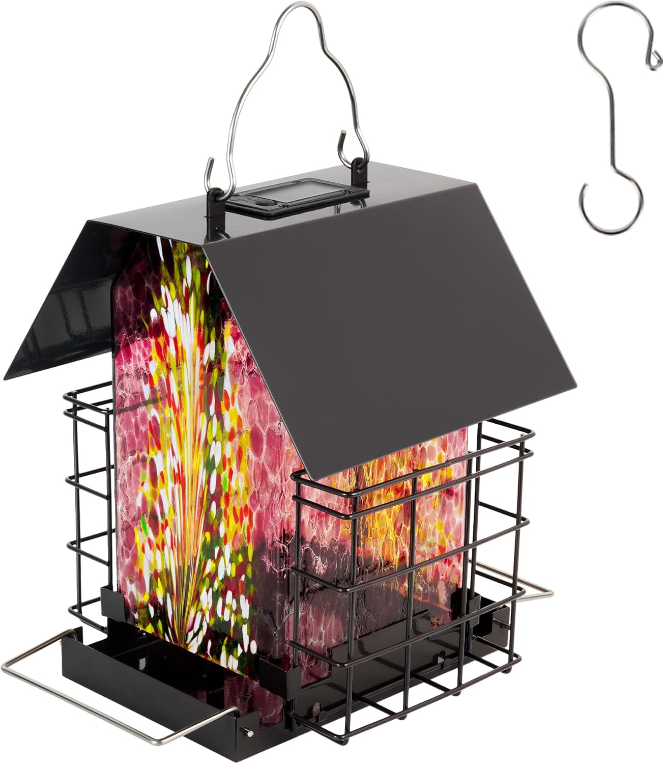LUJII Solar Bird Feeder for Outdoor Hanging, 2 Suet Cake Cages, Hand-Blown Glass Container, Metal Roof, All-Weather Design for Woodpeckers, Red