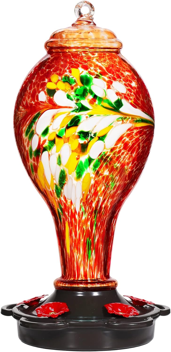 LUJII Hummingbird Feeder, Hand Blown Glass Hummingbird Feeder, Never Fade, 36 Fluid Ounces, 5 Feeding Metal Stations, Much Bigger, Garden Backyard Decorative, Containing Ant Moat (Blue)