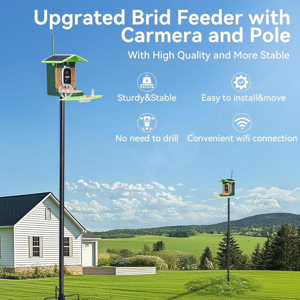 Bird Feeder with Camera and 75 Inch Pole&32GB SD Card, AI Birds Species, Smart Birds Camera Feeder Solar Powered, 2K HD Video, Instant Arrival Alerts&Notification, Ideal Gift for Bird Lovers