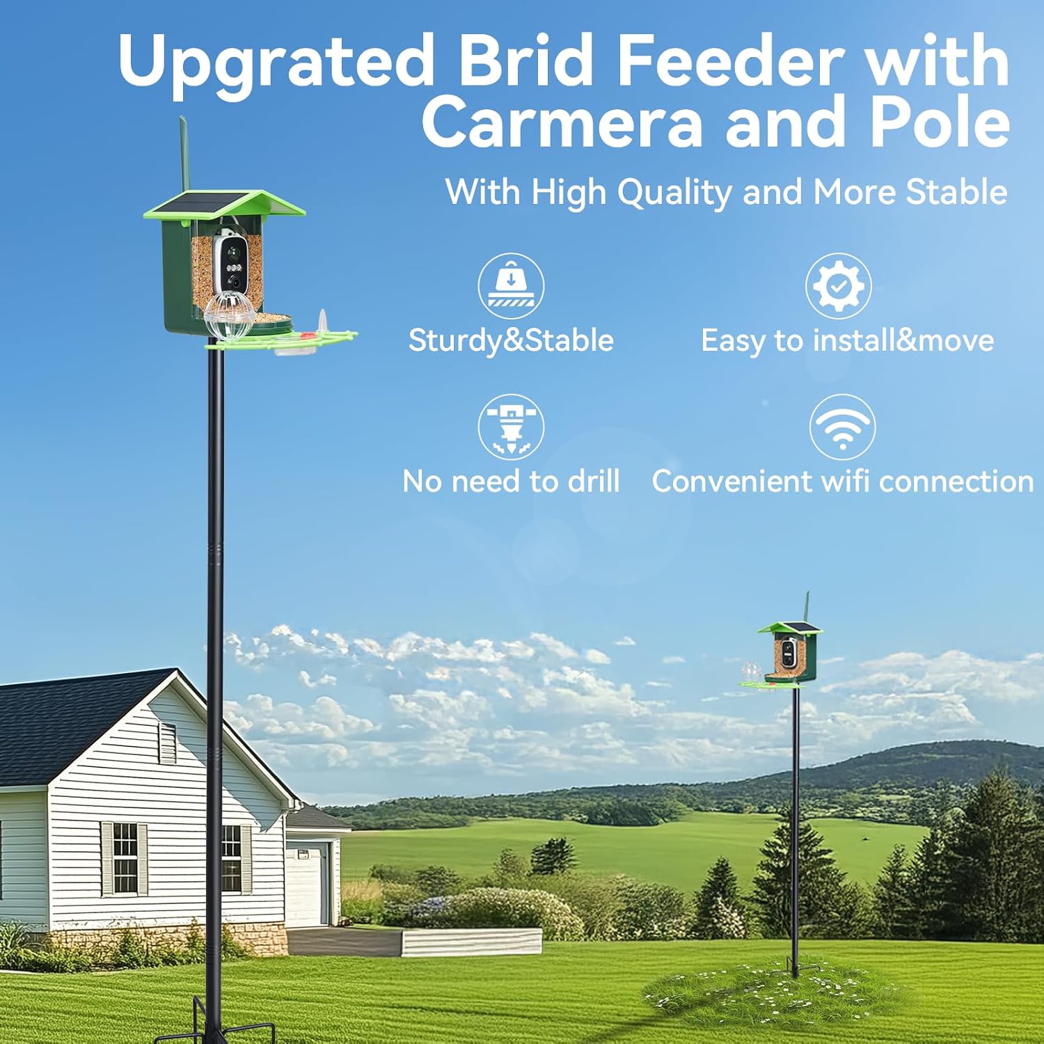 Bird Feeder with Camera and 75 Inch Pole&32GB SD Card, AI Birds Species, Smart Birds Camera Feeder Solar Powered, 2K HD Video, Instant Arrival Alerts&Notification, Ideal Gift for Bird Lovers