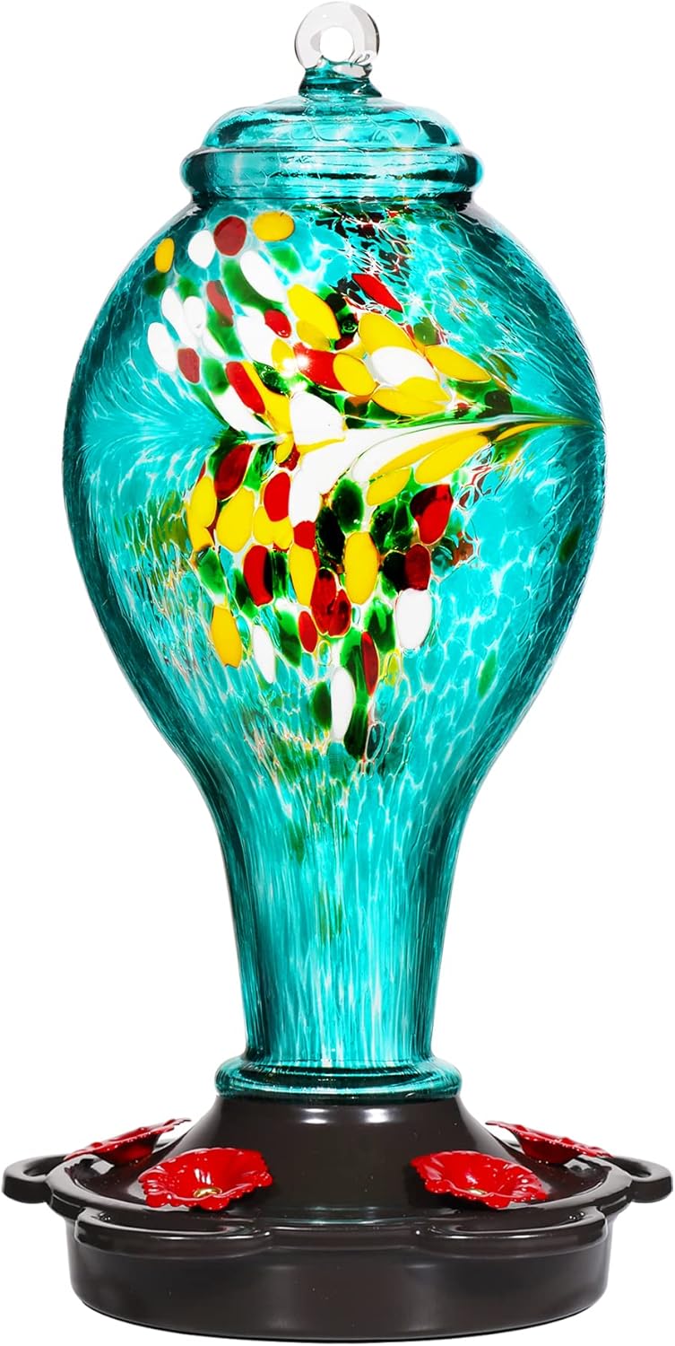 LUJII Hummingbird Feeder, Hand Blown Glass Hummingbird Feeder, Never Fade, 36 Fluid Ounces, 5 Feeding Metal Stations, Much Bigger, Garden Backyard Decorative, Containing Ant Moat (Blue)