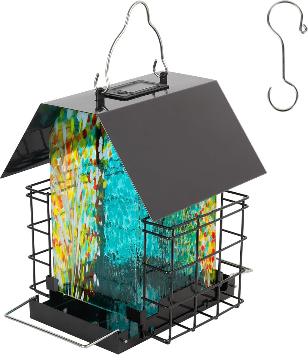 LUJII Solar Bird Feeder for Outdoor Hanging, 2 Suet Cake Cages, Hand-Blown Glass Container, Metal Roof, All-Weather Design for Woodpeckers, Red