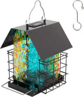 LUJII Solar Bird Feeder for Outdoor Hanging, 2 Suet Cake Cages, Hand-Blown Glass Container, Metal Roof, All-Weather Design for Woodpeckers, Red