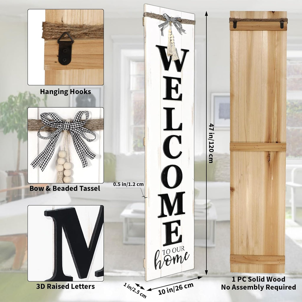 MODE HOME Solid Wood Farmhouse Welcome Sign for Front Porch, 47x10 Inch Large Farmhouse Style Rustic Welcome Sign Stand for Front Door or Entryway(Whitewashed)