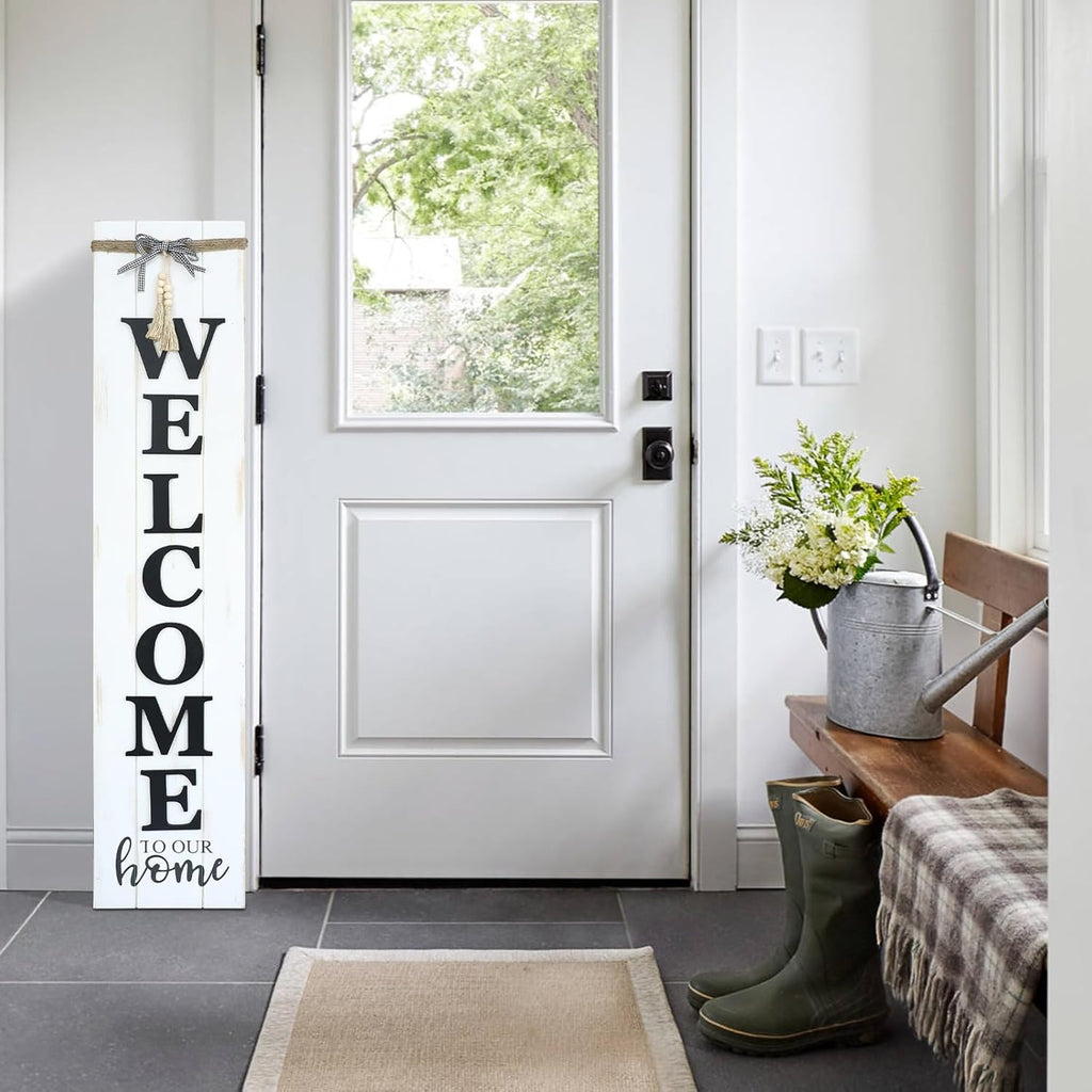 MODE HOME Solid Wood Farmhouse Welcome Sign for Front Porch, 47x10 Inch Large Farmhouse Style Rustic Welcome Sign Stand for Front Door or Entryway(Whitewashed)