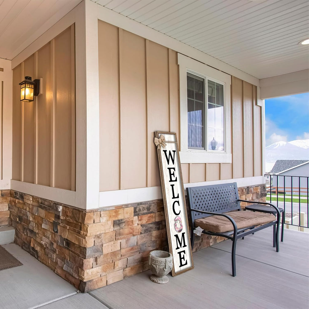 Surfapans Interchangeable Welcome Sign for Front Porch Standing 45"X9" Large with 12 Pcs Replaceable Icons Outdoor Decorations Frame Tall Vertical Outside Farmhouse Rustic Door Decor (Wood)