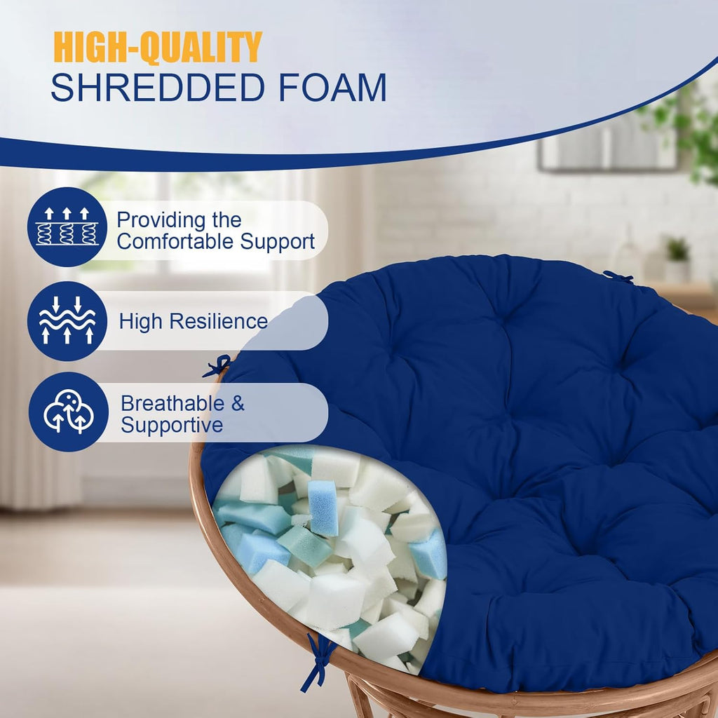 Papasan Chair Cushion Outdoor, Round Papasan Cushion Indoor with Ties, Waterproof Circle Seat Pad for Porch Patio Garden, 45 in Navy, Cushion Only