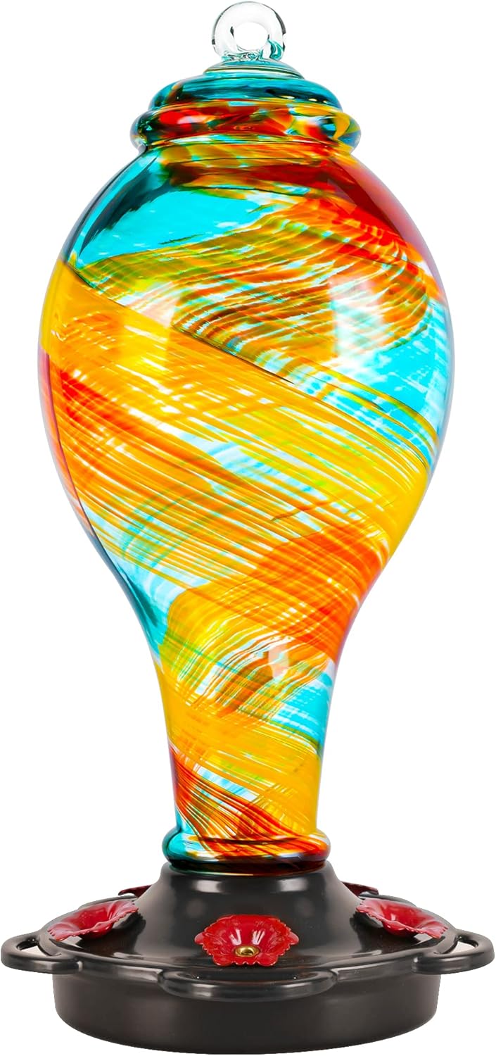 LUJII Hummingbird Feeder, Hand Blown Glass Hummingbird Feeder, Never Fade, 36 Fluid Ounces, 5 Feeding Metal Stations, Much Bigger, Garden Backyard Decorative, Containing Ant Moat (Blue)