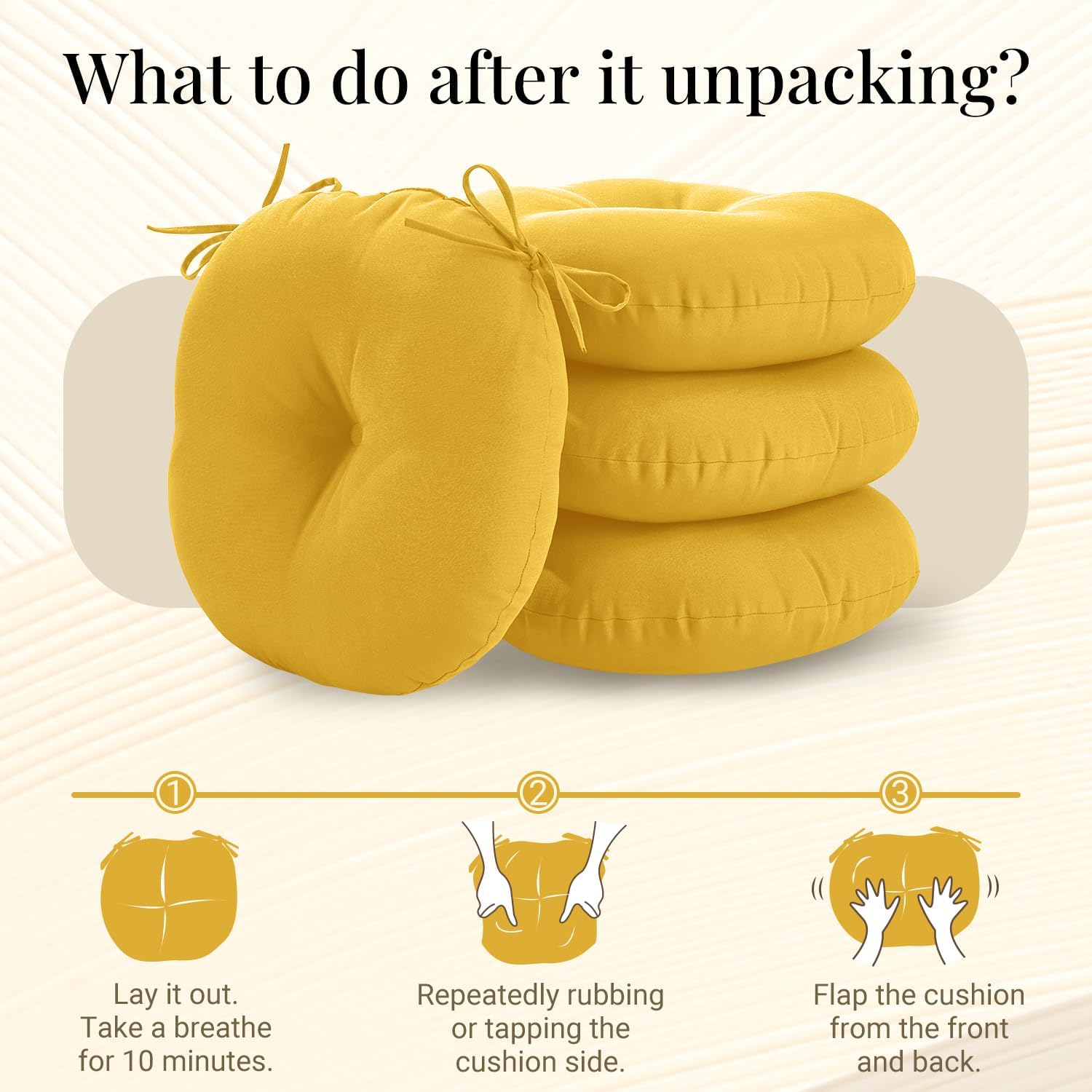 downluxe Bistro Chair Cushions for Patio Furniture, Water-Resistant Round Outdoor Chair Cushions Set of 4 with Non-Slip Ties, 15" x 15", Yellow