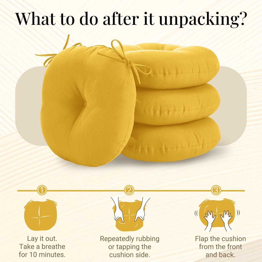 downluxe Bistro Chair Cushions for Patio Furniture, Water-Resistant Round Outdoor Chair Cushions Set of 4 with Non-Slip Ties, 15" x 15", Yellow