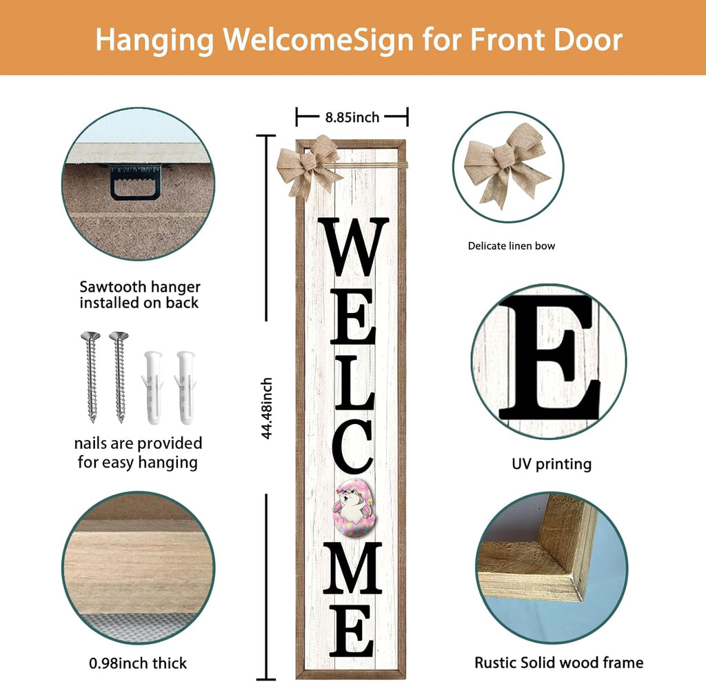 Surfapans Interchangeable Welcome Sign for Front Porch Standing 45"X9" Large with 12 Pcs Replaceable Icons Outdoor Decorations Frame Tall Vertical Outside Farmhouse Rustic Door Decor (Wood)