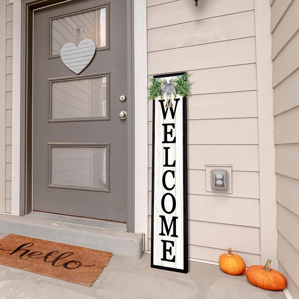 Outdoor Welcome Sign for Front Porch Standing 45"×9" Tall Wood Frame Vertical Leaner farmhouse Outside Rustic Large Welcome Sign for Front Door Home Decorations (Black)