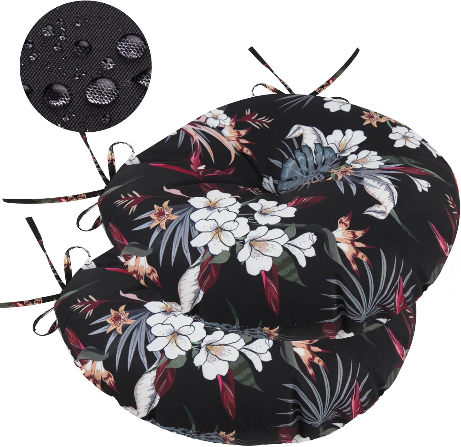 GUEGLSA Outdoor Tufted Round Cushions 15 inch, Waterproof Bistro Chair Cushions 15"x15"x3", Circular Seat Pads with Ties for Patio Garden, Set of 2, Red