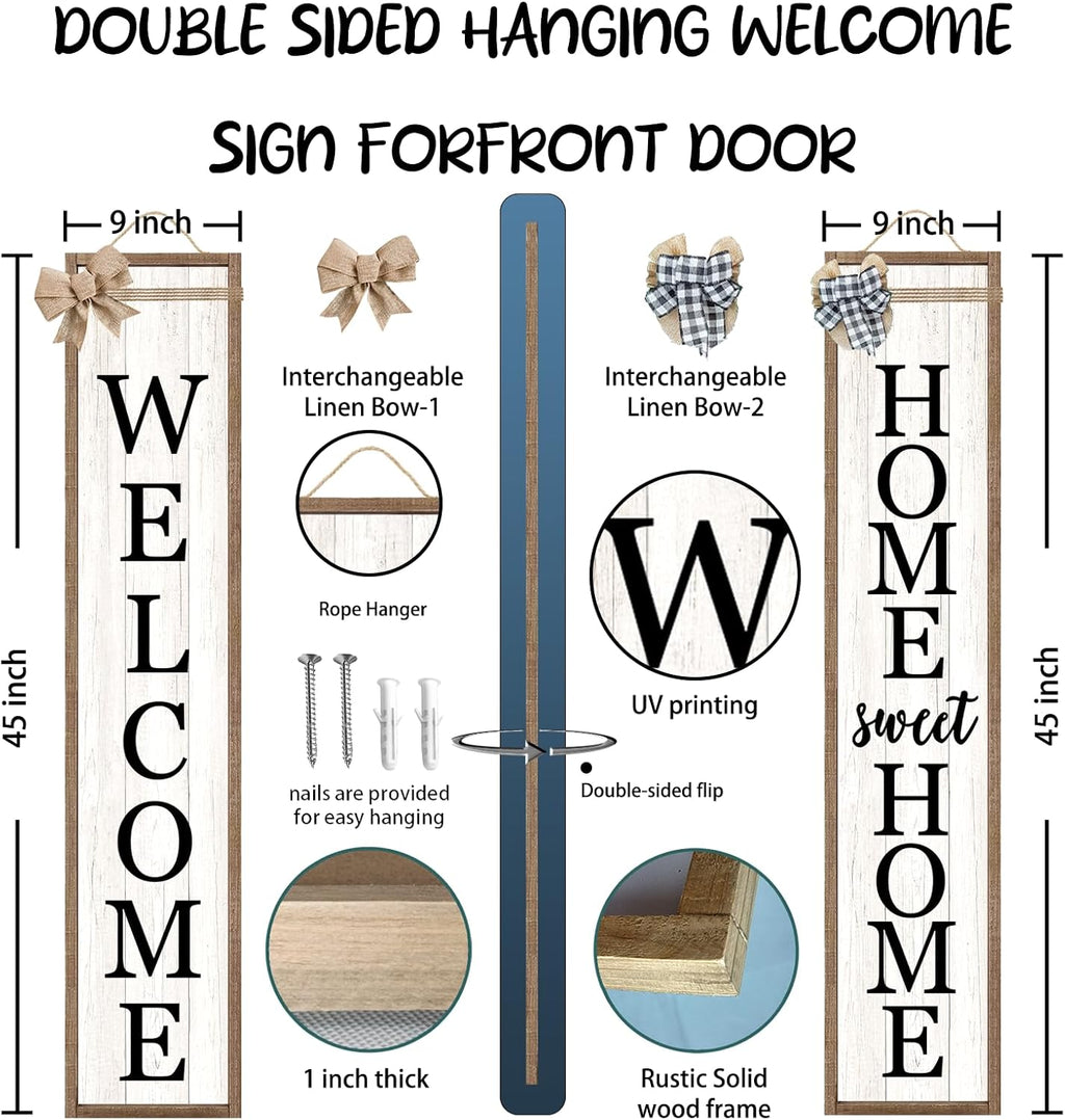 Outdoor Welcome Sign for Front Porch Standing Large 2 Sided 45"X9" Wooden Frame Tall Vertical Leaner Long Home Sweet Home Front Door Sign for Rustic Outside Farmhouse Modern Decor (Wood White)