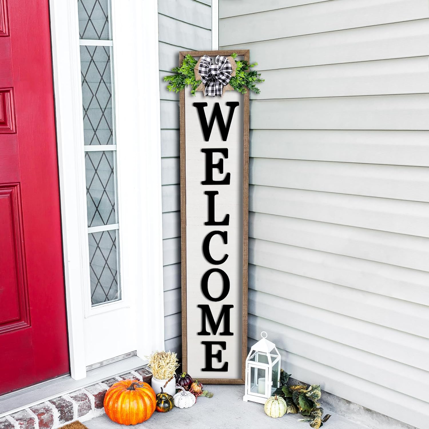 3D Outdoor Welcome Sign for Front Porch Standing 45"X9" Wood Frame Large Vertical Tall Leaner Welcome Signs Decor for Rustic Farmhouse Outside Home Front Door Decorations (Wood White)