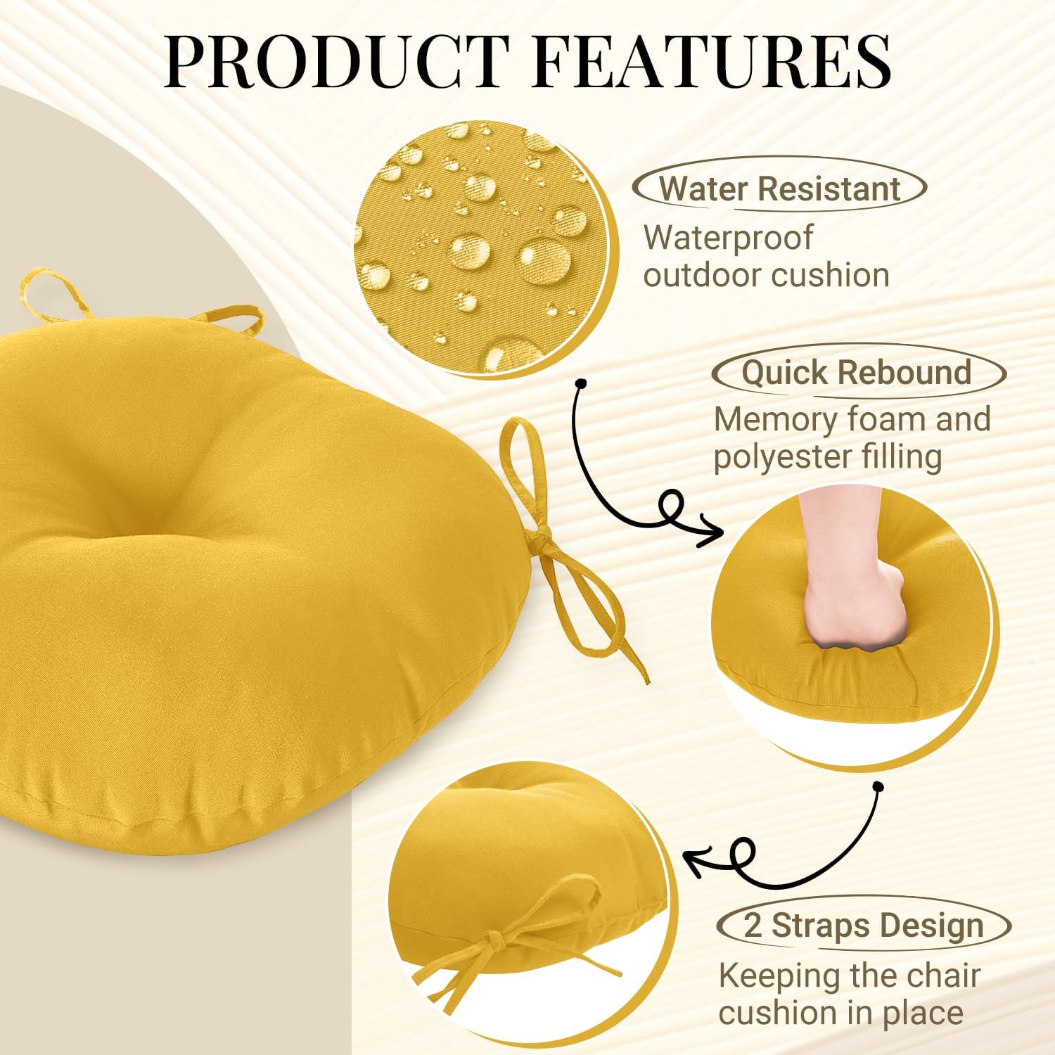 downluxe Bistro Chair Cushions for Patio Furniture, Water-Resistant Round Outdoor Chair Cushions Set of 4 with Non-Slip Ties, 15" x 15", Yellow
