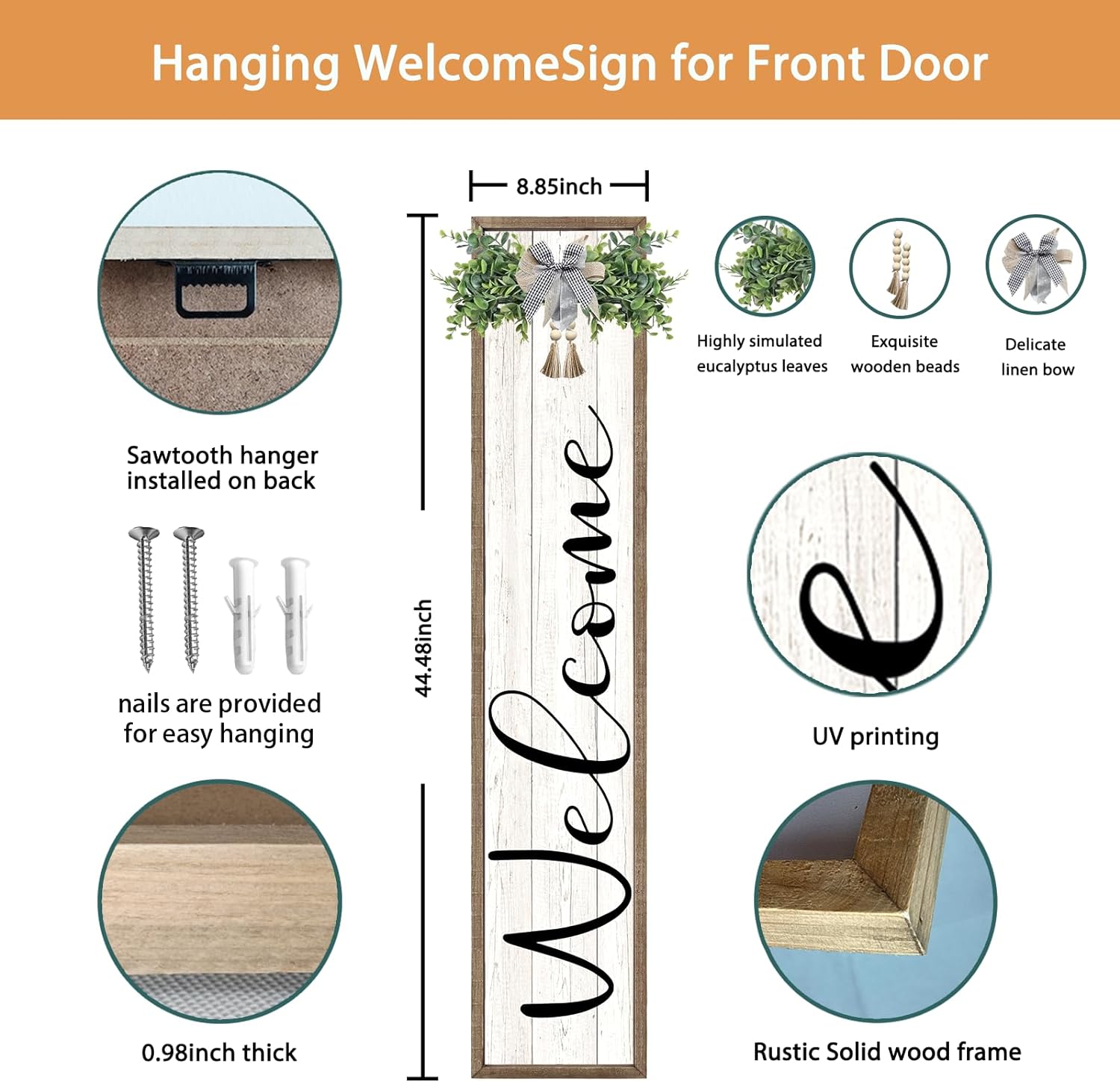 Welcome Sign for Front Porch Standing 45"X9" Large Outdoor Decor Rustic Vertical Leaner Wood Frame Porch Tall Welcome Signs for Farmhouse Outside Front Door Decorations (Wood White)