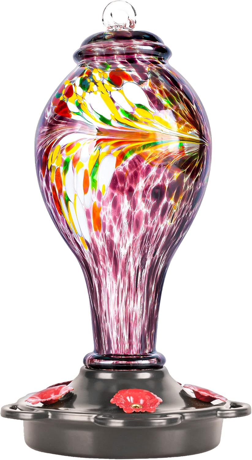LUJII Hummingbird Feeder, Hand Blown Glass Hummingbird Feeder, Never Fade, 36 Fluid Ounces, 5 Feeding Metal Stations, Much Bigger, Garden Backyard Decorative, Containing Ant Moat (Blue)