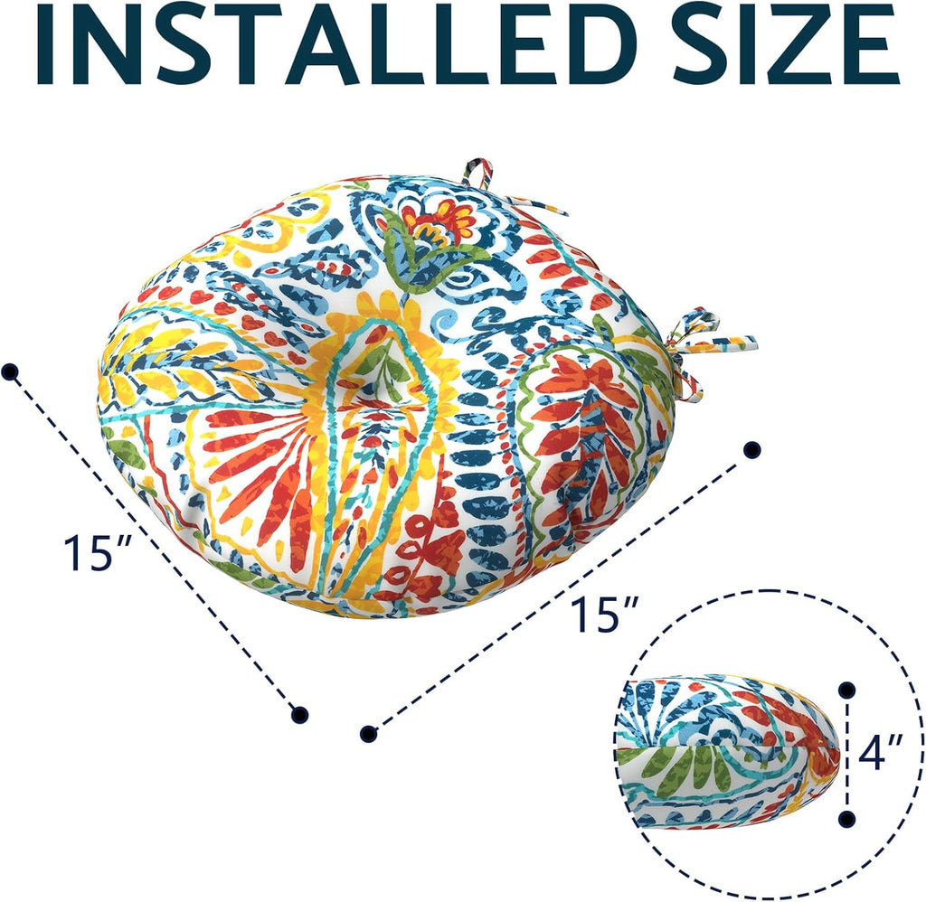 Outdoor Bistro Chair Cushion with Ties, Tufted Patio Chair Cushions Set of 2, Round Seat Cushion 15”x15”x4” for Home Garden Balcony Office Porch Lawn Deck, Paisley Multi