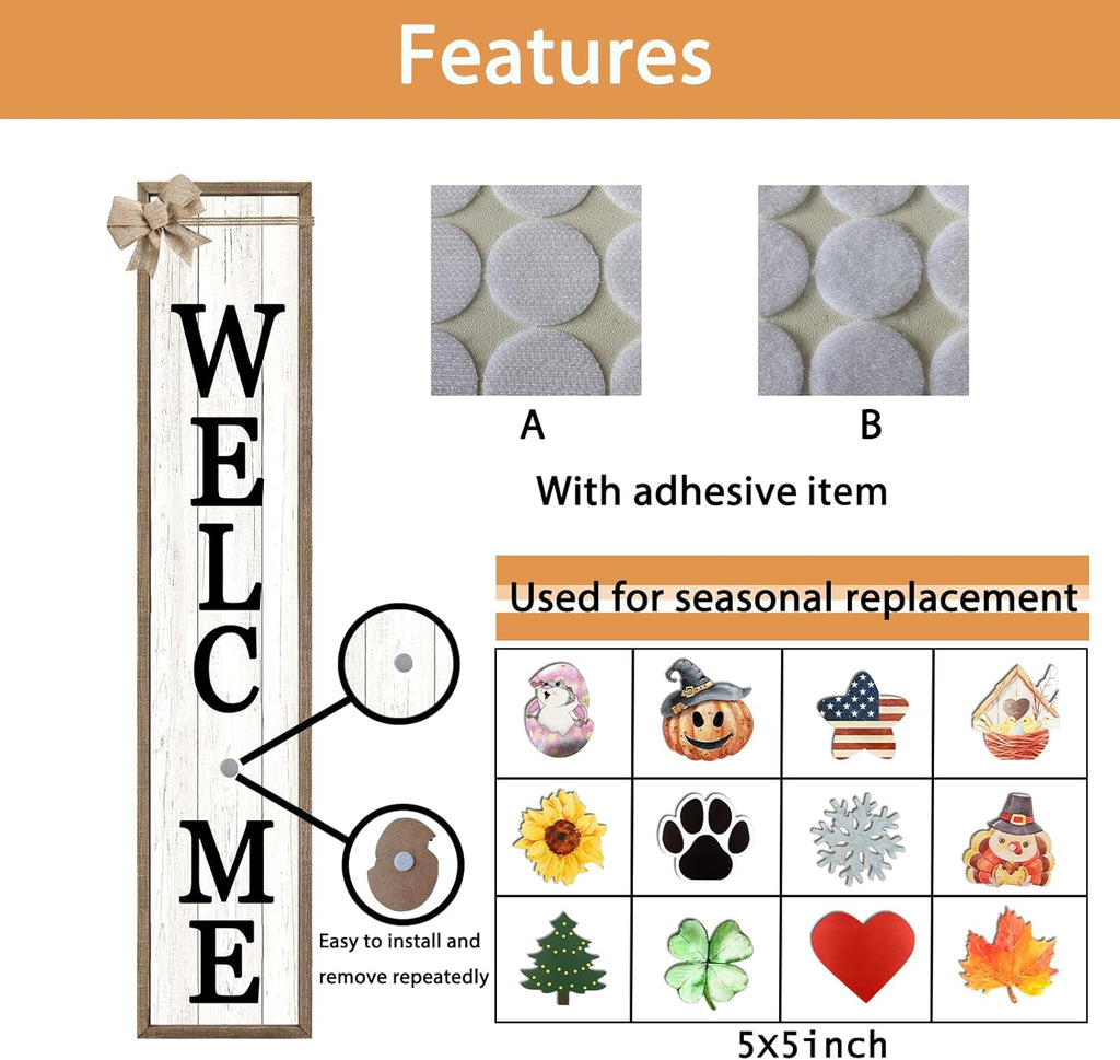 Surfapans Interchangeable Welcome Sign for Front Porch Standing 45"X9" Large with 12 Pcs Replaceable Icons Outdoor Decorations Frame Tall Vertical Outside Farmhouse Rustic Door Decor (Wood)