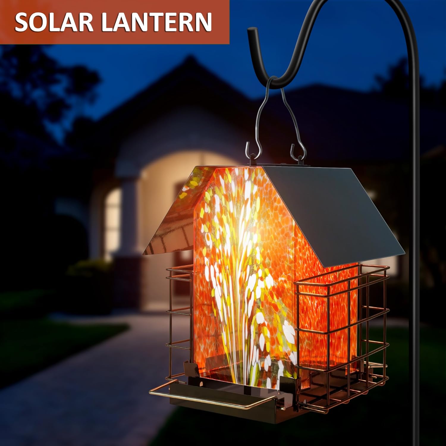 LUJII Solar Bird Feeder for Outdoor Hanging, 2 Suet Cake Cages, Hand-Blown Glass Container, Metal Roof, All-Weather Design for Woodpeckers, Red
