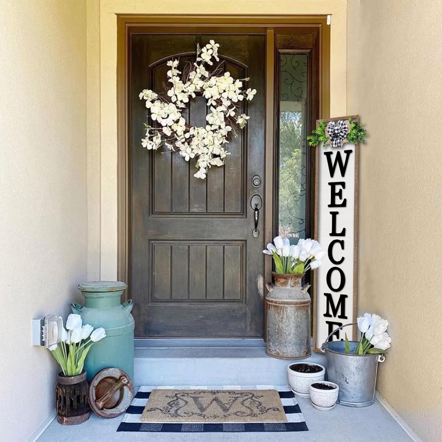 3D Outdoor Welcome Sign for Front Porch Standing 45"X9" Wood Frame Large Vertical Tall Leaner Welcome Signs Decor for Rustic Farmhouse Outside Home Front Door Decorations (Wood White)