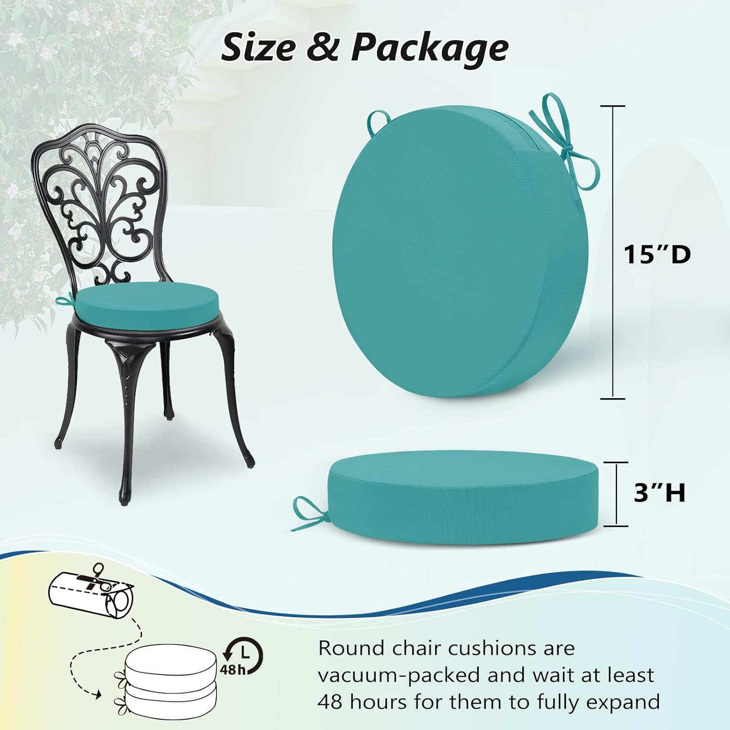 Wellsin Outdoor Bistro Chair Cushions, 3-Layer Waterproof Round Outdoor Cushions with Removable Covers, Outdoor Chair Cushions Set of 2, 15x15x3 Inch, Teal