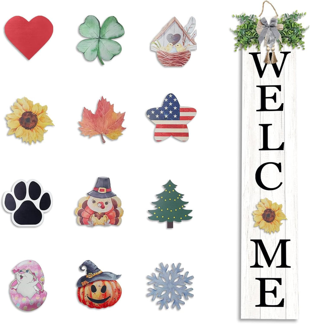 Interchangeable Outdoor Welcome Sign for Front Porch Standing 47"×8" Set of 3 Large Wood Frame with 12 Pcs Icons Vertical Tall Leaner Outside Welcome Sign for Front Door Decor (Wood)