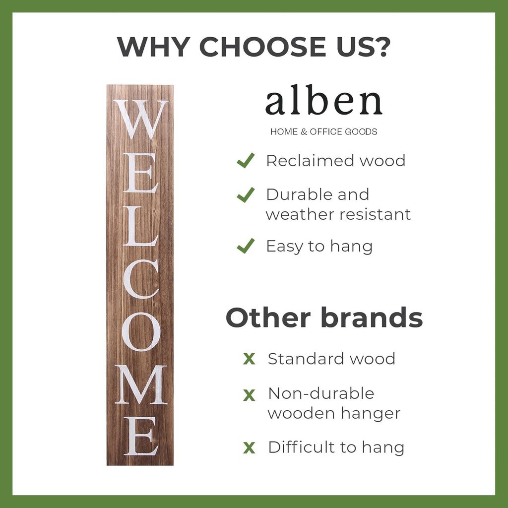 ALBEN Premium Extra Large Welcome Sign for Front Door Porch – 5 Feet Tall (58" x 11") Standing Vertical Wooden Sign, Indoor Home Decor Wall Decorations (Brown)