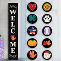 Perfnique Welcome sign for front porch standing, 47 x 7.9 Inch Wooden Leaner Sign with 10 Interchangeable Designed Icons, Seasonal Decor for Spring Easter Fall Christmas(Black)