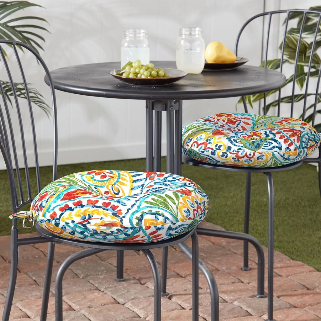 Outdoor Bistro Chair Cushion with Ties, Tufted Patio Chair Cushions Set of 2, Round Seat Cushion 15”x15”x4” for Home Garden Balcony Office Porch Lawn Deck, Paisley Multi