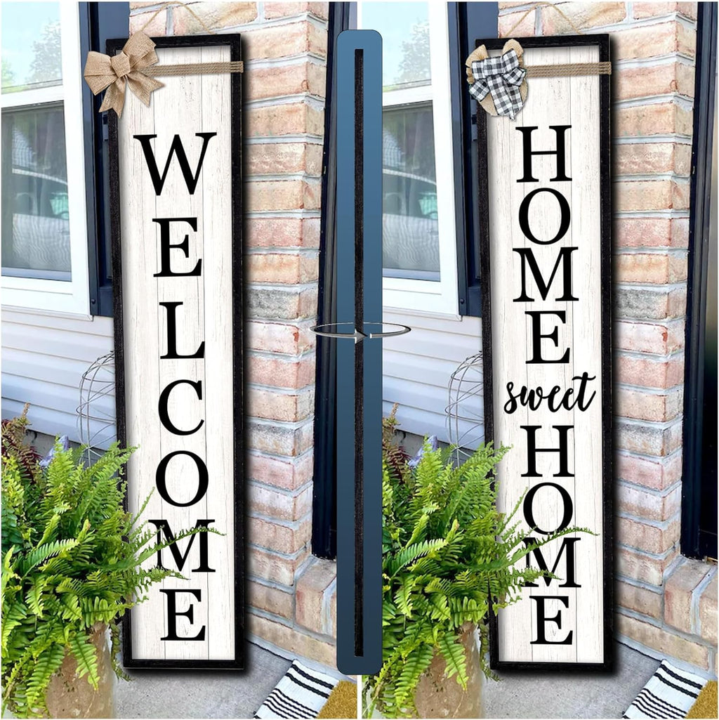 Outdoor Welcome Sign for Front Porch Standing Large 2 Sided 45"X9" Wooden Frame Tall Vertical Leaner Long Home Sweet Home Front Door Sign for Rustic Outside Farmhouse Modern Decor (Wood White)