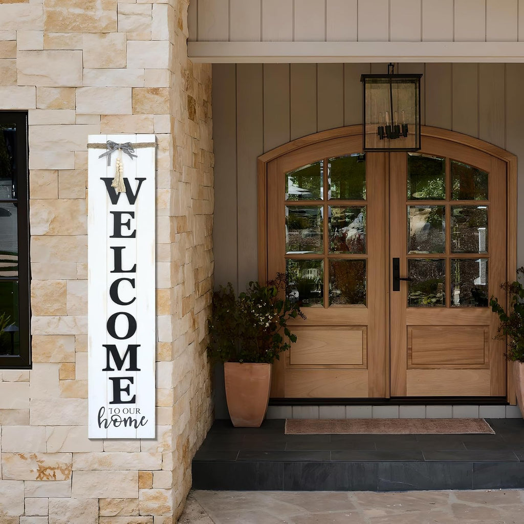 MODE HOME Solid Wood Farmhouse Welcome Sign for Front Porch, 47x10 Inch Large Farmhouse Style Rustic Welcome Sign Stand for Front Door or Entryway(Whitewashed)