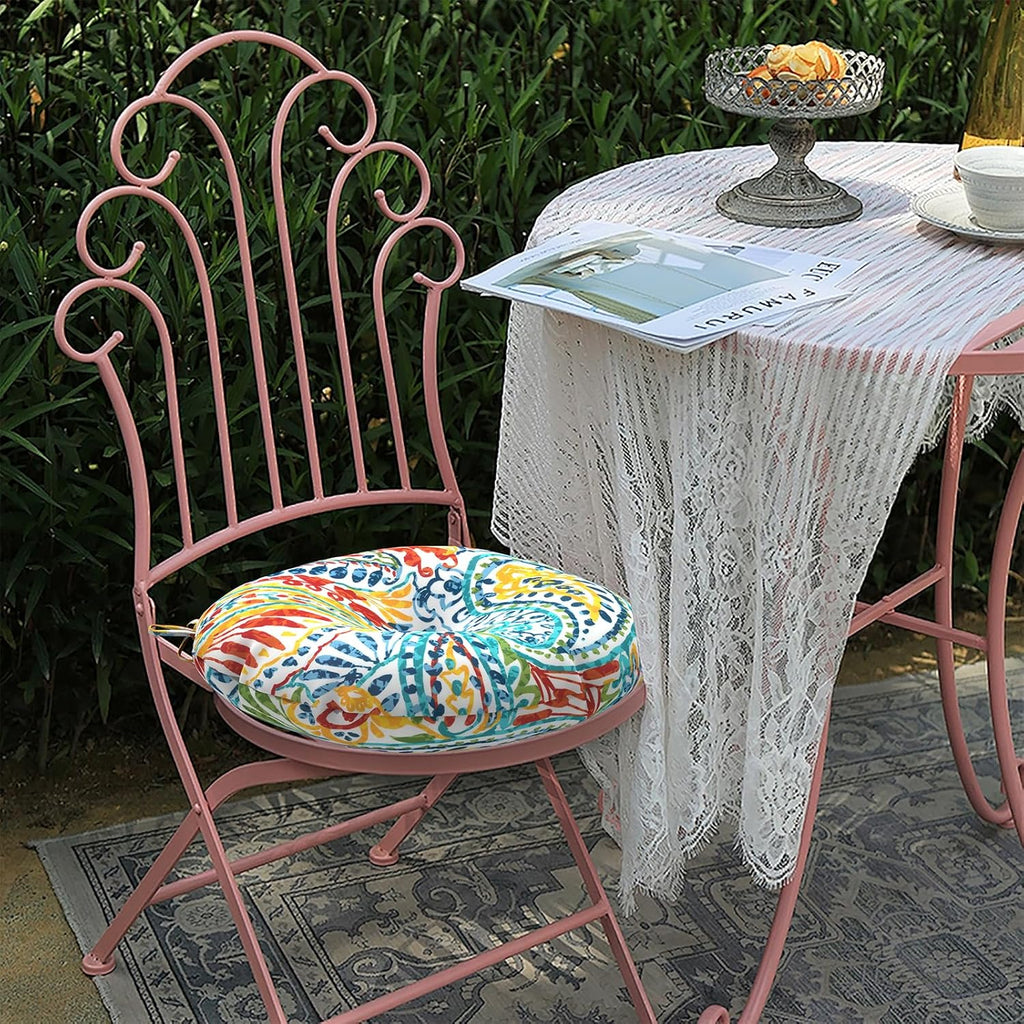 Outdoor Bistro Chair Cushion with Ties, Tufted Patio Chair Cushions Set of 2, Round Seat Cushion 15”x15”x4” for Home Garden Balcony Office Porch Lawn Deck, Paisley Multi