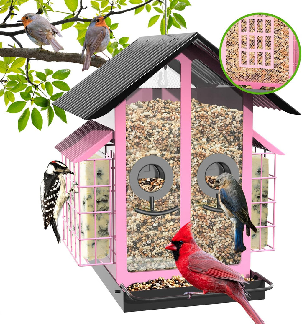 Bird Feeders for Outdoors, Metal Bird Feeder with Double Suet Cage Weatherproof Metal Roof, 2 in 1 Mixed Seeds Suet Feeder, 4Lbs Large Capacity, Great for Finch、Cardinal、Chickadee（Brown）