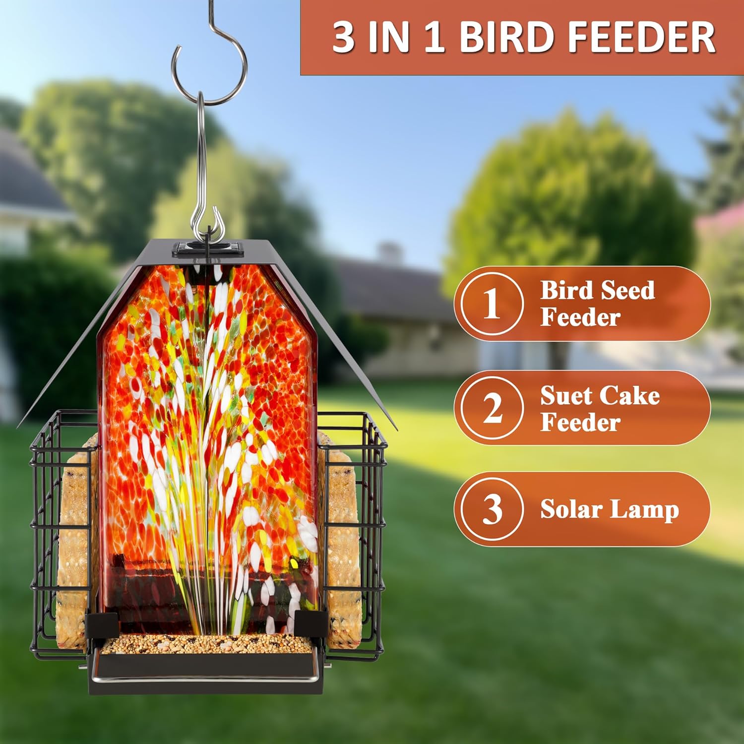 LUJII Solar Bird Feeder for Outdoor Hanging, 2 Suet Cake Cages, Hand-Blown Glass Container, Metal Roof, All-Weather Design for Woodpeckers, Red