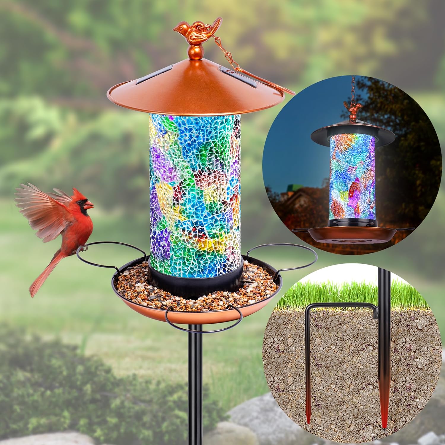 XDW-GIFTS Mosaic Solar Wild Bird Feeder, Waterproof Lantern Shape with S-Hook & 4 LED Lights, Garden Decor for Lawn, Patio, Balcony, Yard Ornament - Unique Gifts for Mom, Women, Grandma, Bird Lovers