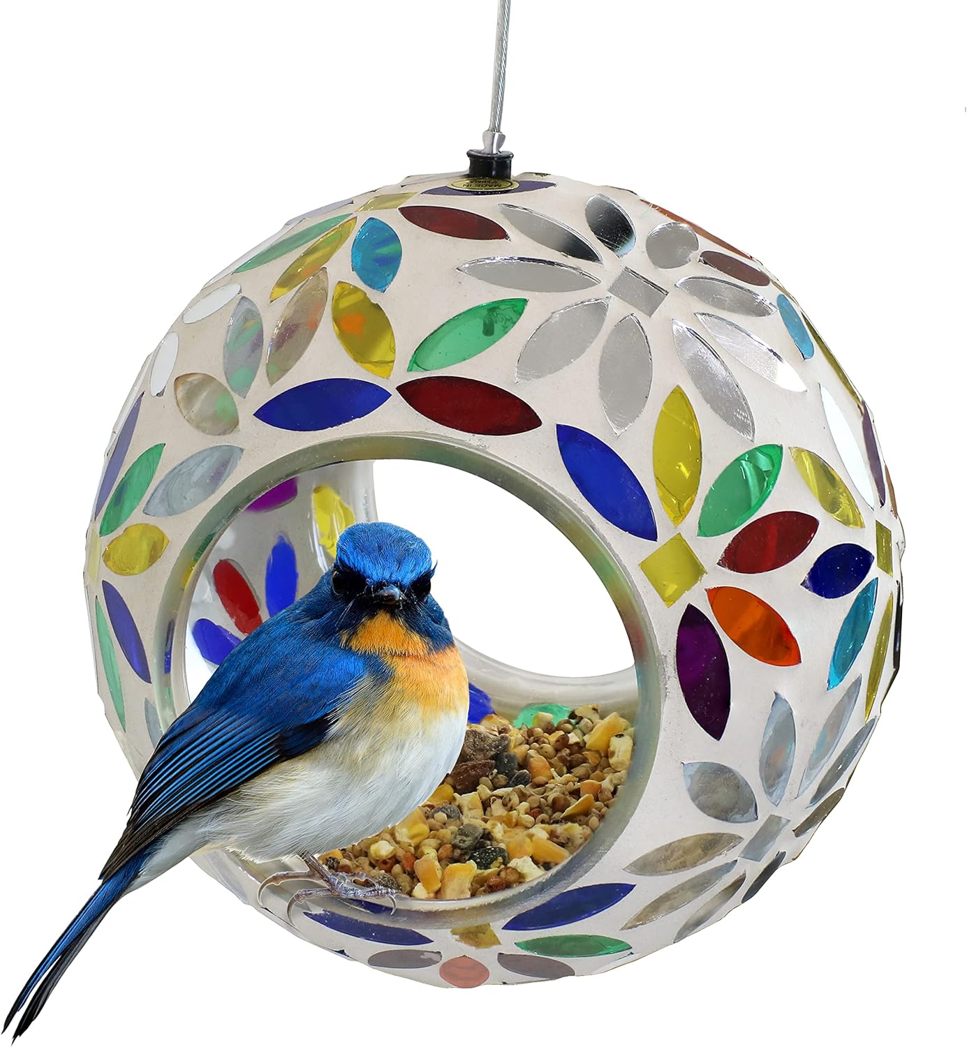 Sunnydaze 10-Inch Glass Mosaic Hanging Bird Feeder for Outdoors - Fly-Through Wild Bird Feeder - Indigo Flower Mosaic