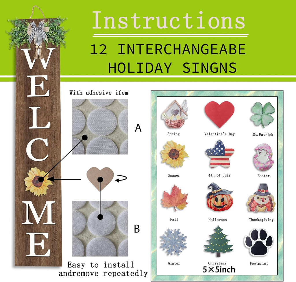 Interchangeable Outdoor Welcome Sign for Front Porch Standing 47"×8" Set of 3 Large Wood Frame with 12 Pcs Icons Vertical Tall Leaner Outside Welcome Sign for Front Door Decor (Wood)