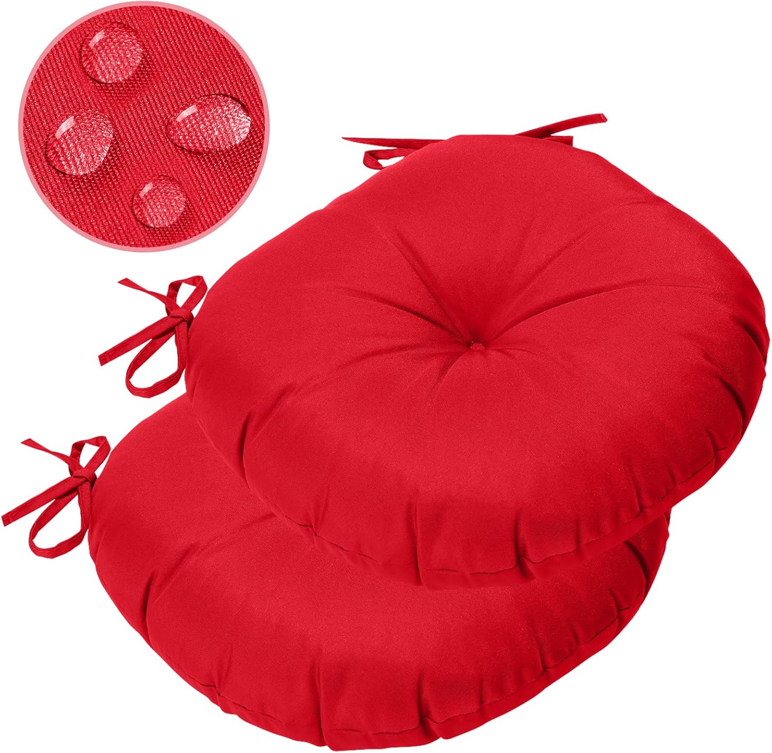 GUEGLSA Outdoor Tufted Round Cushions 15 inch, Waterproof Bistro Chair Cushions 15"x15"x3", Circular Seat Pads with Ties for Patio Garden, Set of 2, Red