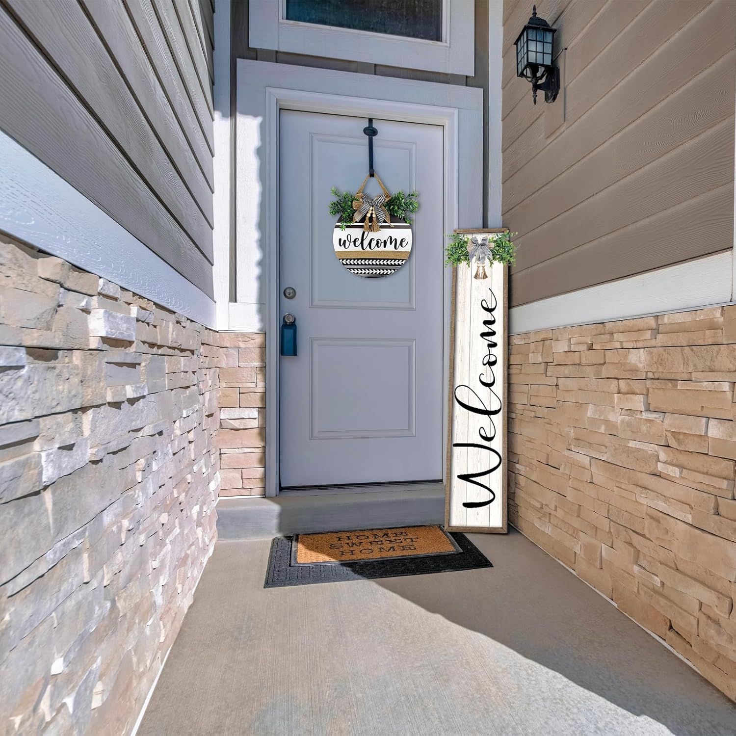 Welcome Sign for Front Porch Standing 45"X9" Large Outdoor Decor Rustic Vertical Leaner Wood Frame Porch Tall Welcome Signs for Farmhouse Outside Front Door Decorations (Wood White)