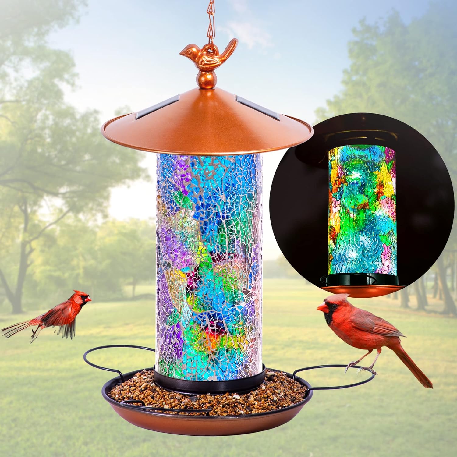 XDW-GIFTS Mosaic Solar Wild Bird Feeder, Waterproof Lantern Shape with S-Hook & 4 LED Lights, Garden Decor for Lawn, Patio, Balcony, Yard Ornament - Unique Gifts for Mom, Women, Grandma, Bird Lovers