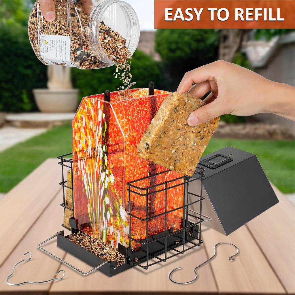 LUJII Solar Bird Feeder for Outdoor Hanging, 2 Suet Cake Cages, Hand-Blown Glass Container, Metal Roof, All-Weather Design for Woodpeckers, Red