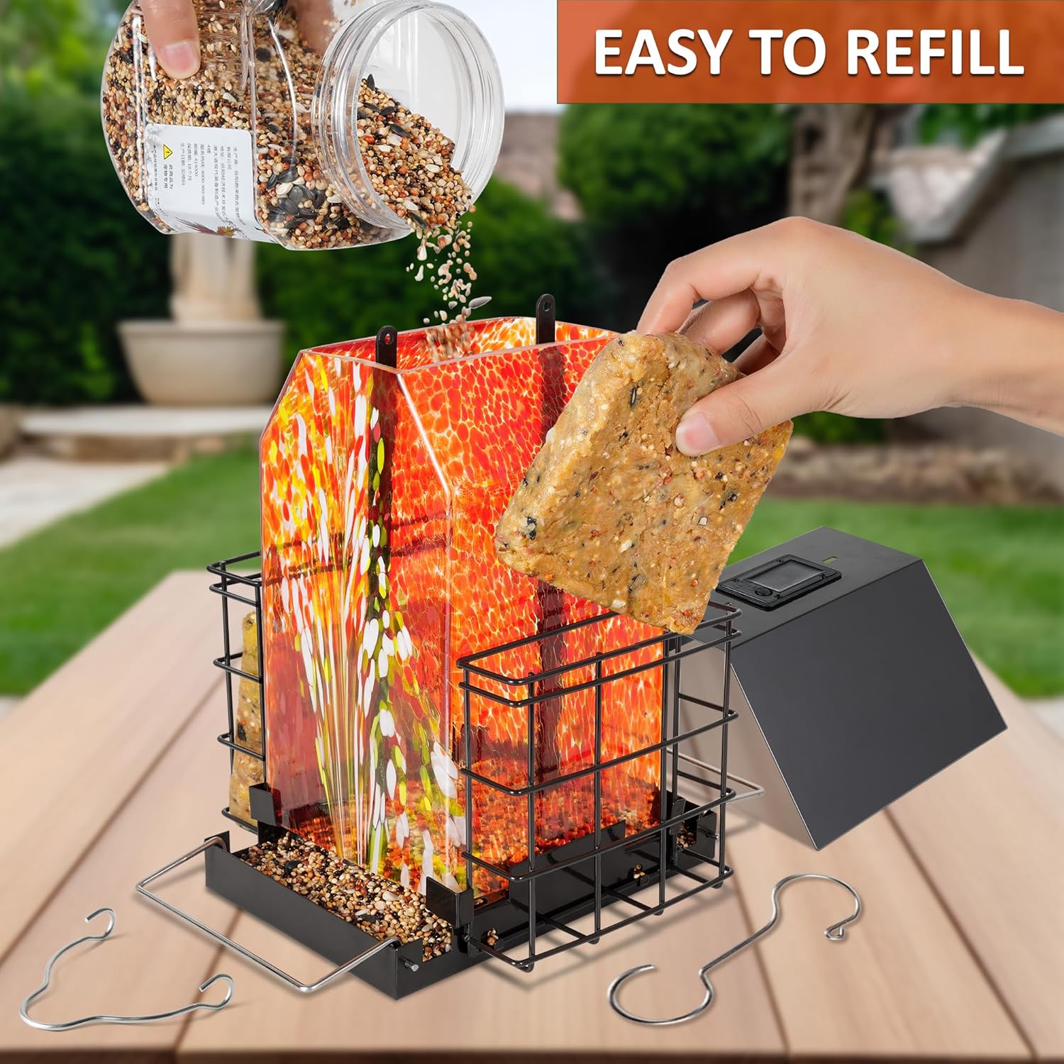 LUJII Solar Bird Feeder for Outdoor Hanging, 2 Suet Cake Cages, Hand-Blown Glass Container, Metal Roof, All-Weather Design for Woodpeckers, Red