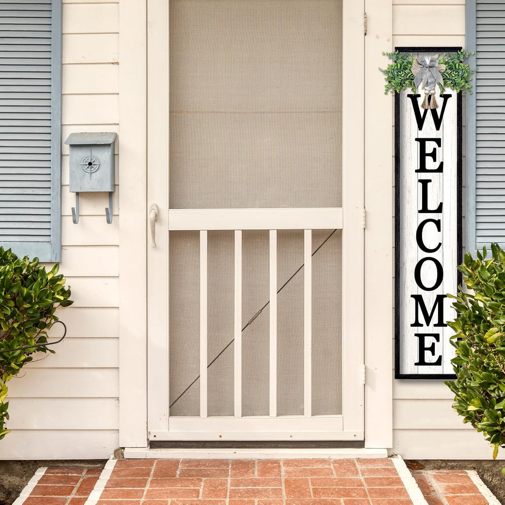 Outdoor Welcome Sign for Front Porch Standing 45"×9" Tall Wood Frame Vertical Leaner farmhouse Outside Rustic Large Welcome Sign for Front Door Home Decorations (Black)