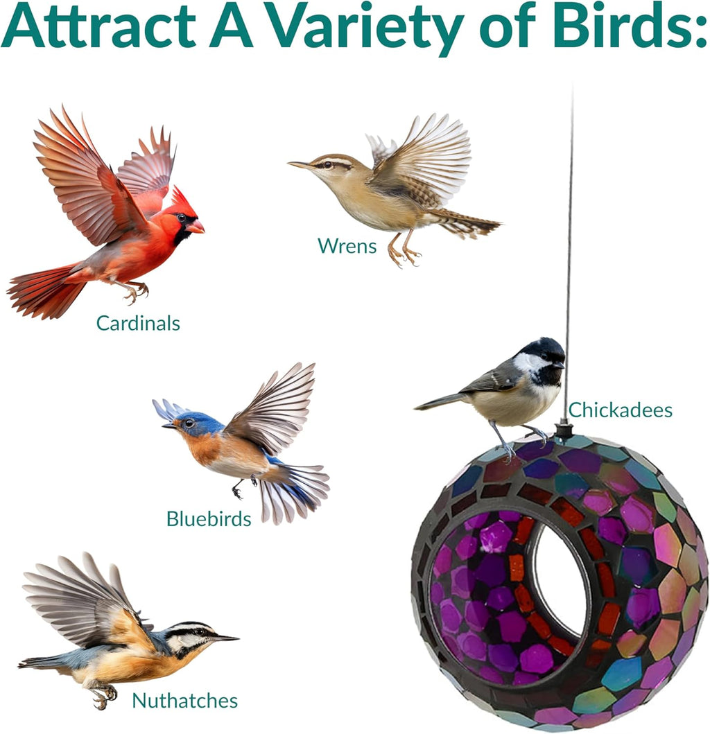 Sunnydaze 6-Inch Glass Mosaic Hanging Bird Feeder for Outdoors - Fly-Through Wild Bird Feeder - Iridescent Purple Mosaic