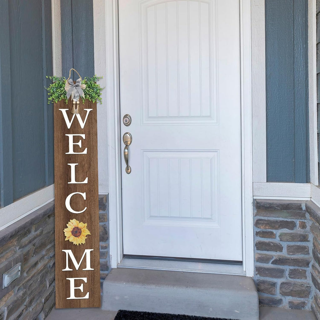 Interchangeable Outdoor Welcome Sign for Front Porch Standing 47"×8" Set of 3 Large Wood Frame with 12 Pcs Icons Vertical Tall Leaner Outside Welcome Sign for Front Door Decor (Wood)