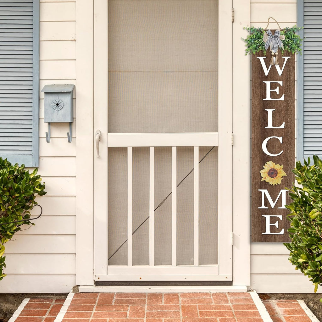 Interchangeable Outdoor Welcome Sign for Front Porch Standing 47"×8" Set of 3 Large Wood Frame with 12 Pcs Icons Vertical Tall Leaner Outside Welcome Sign for Front Door Decor (Wood)