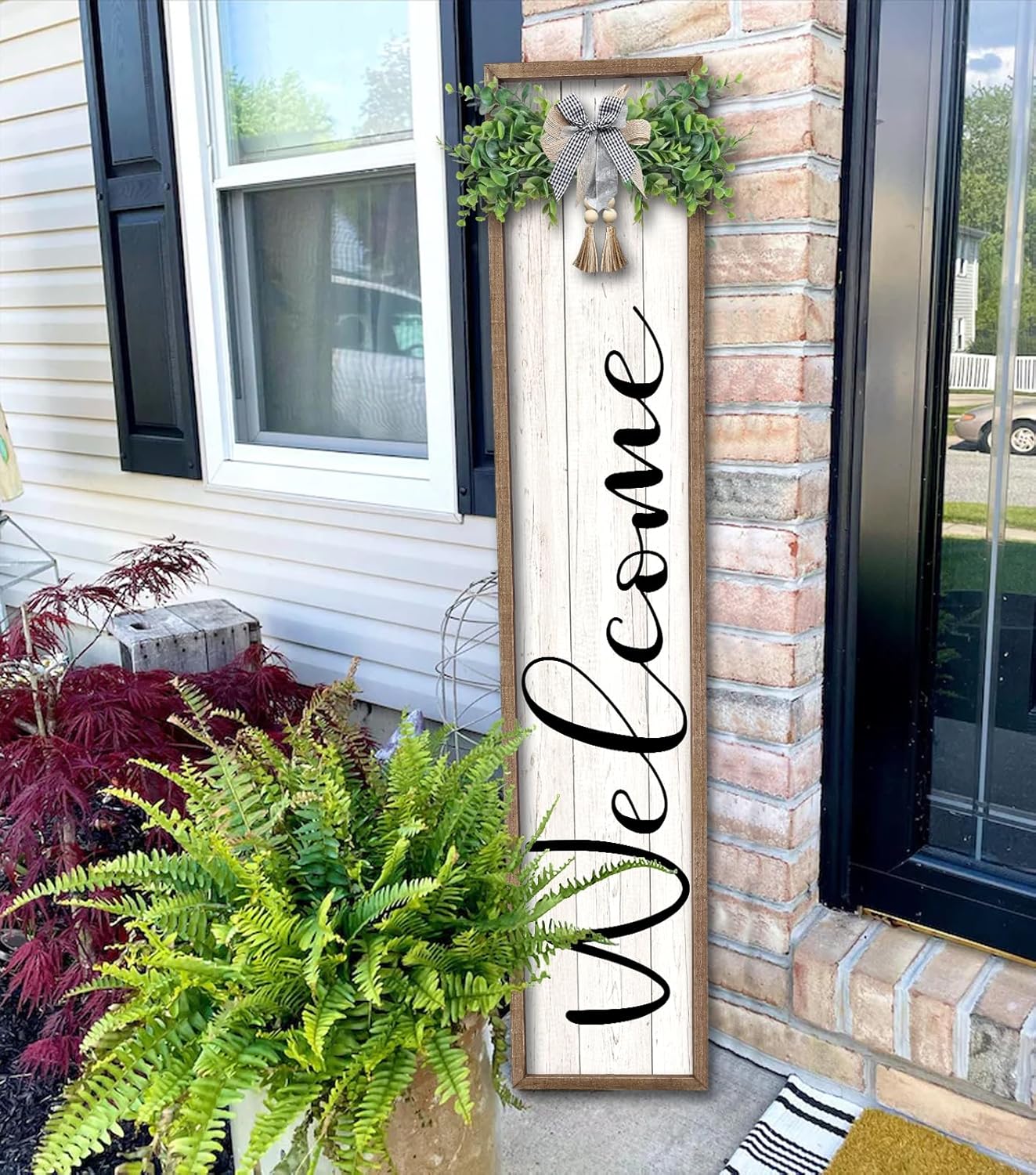 Welcome Sign for Front Porch Standing 45"X9" Large Outdoor Decor Rustic Vertical Leaner Wood Frame Porch Tall Welcome Signs for Farmhouse Outside Front Door Decorations (Wood White)